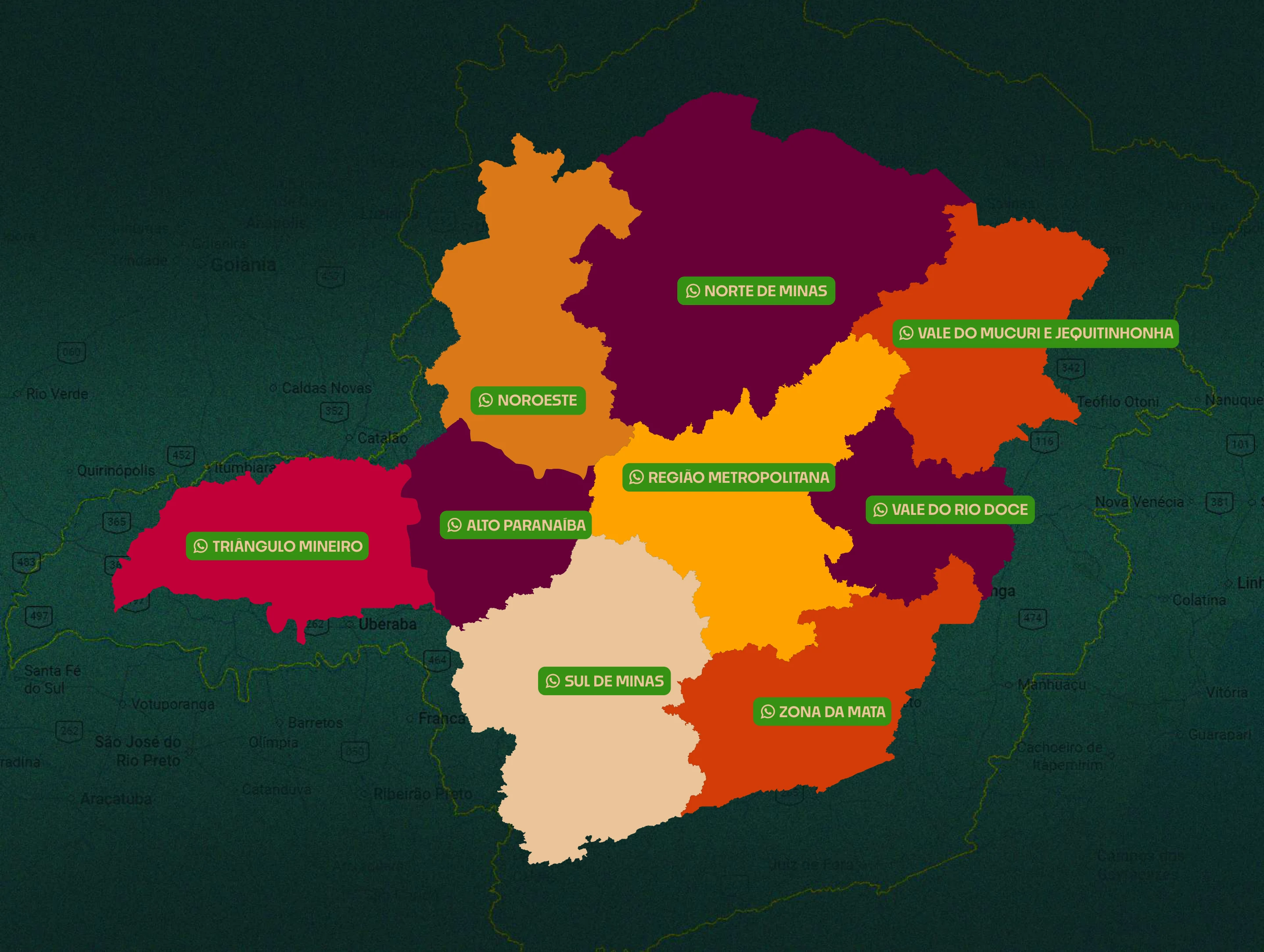 Mapa de Minas Gerais com as regiões da nossa rede