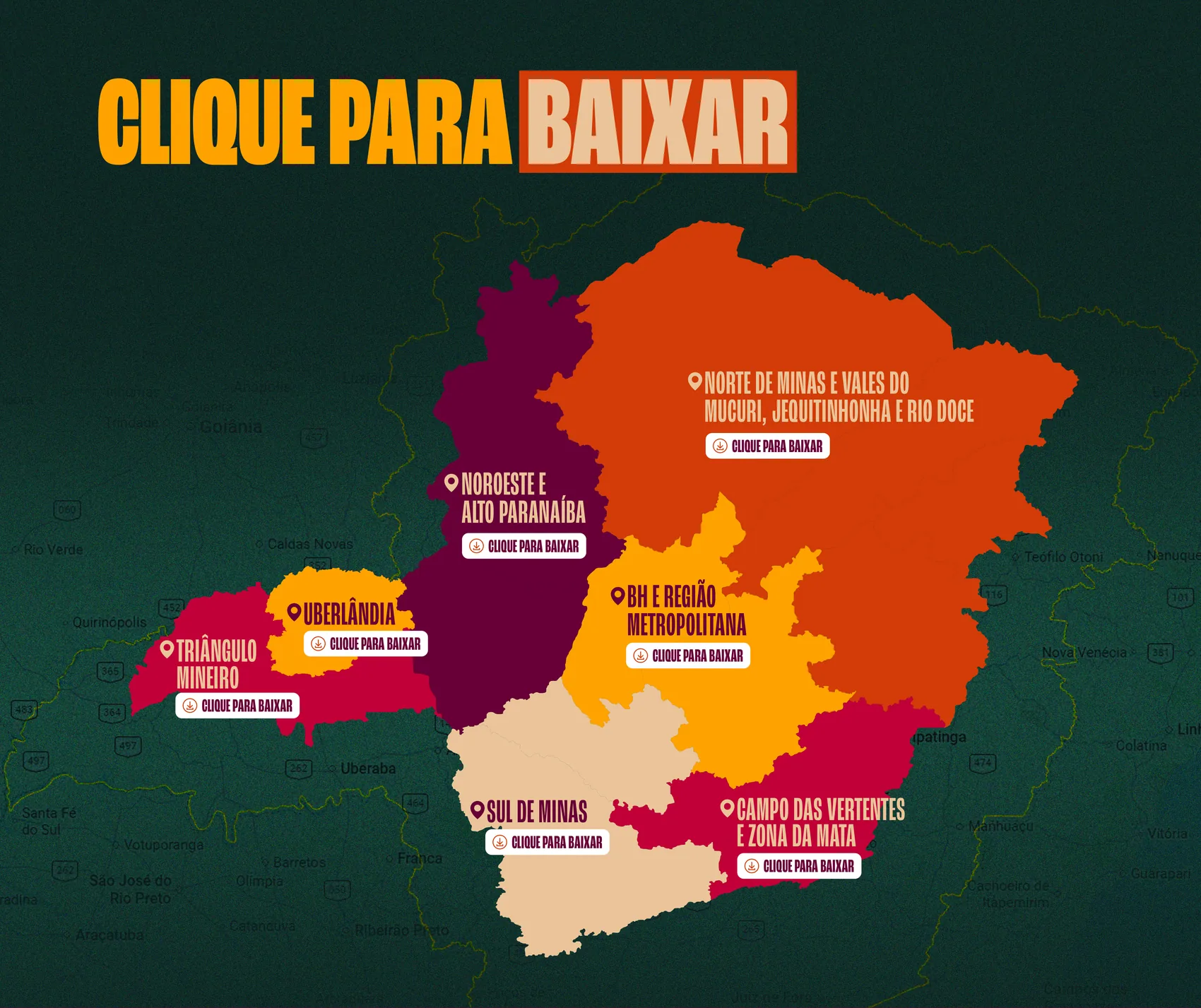 Mapa de Minas Gerais por região. Clique na sua região para baixar.